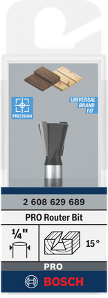 Broca de cola de milano para fresadora Bosch PRO, vástago de 1/4″ y 15°.